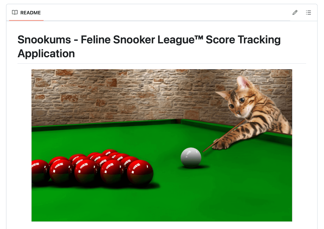 A screenshot of a readme file for a project called Feline Snooker League Score Tracking Application.