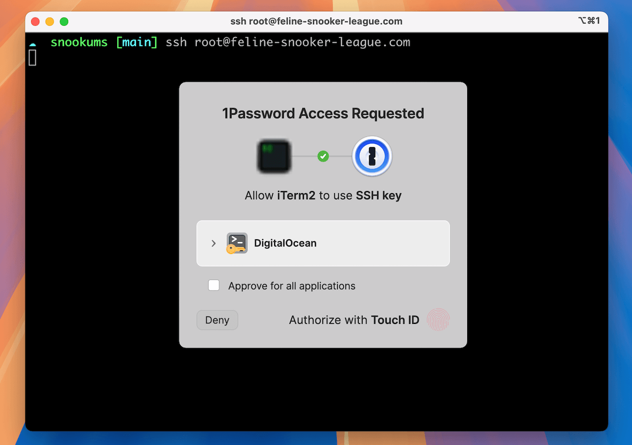 A 1Password pop-up asking you to authorize the use of your stored SSH key.