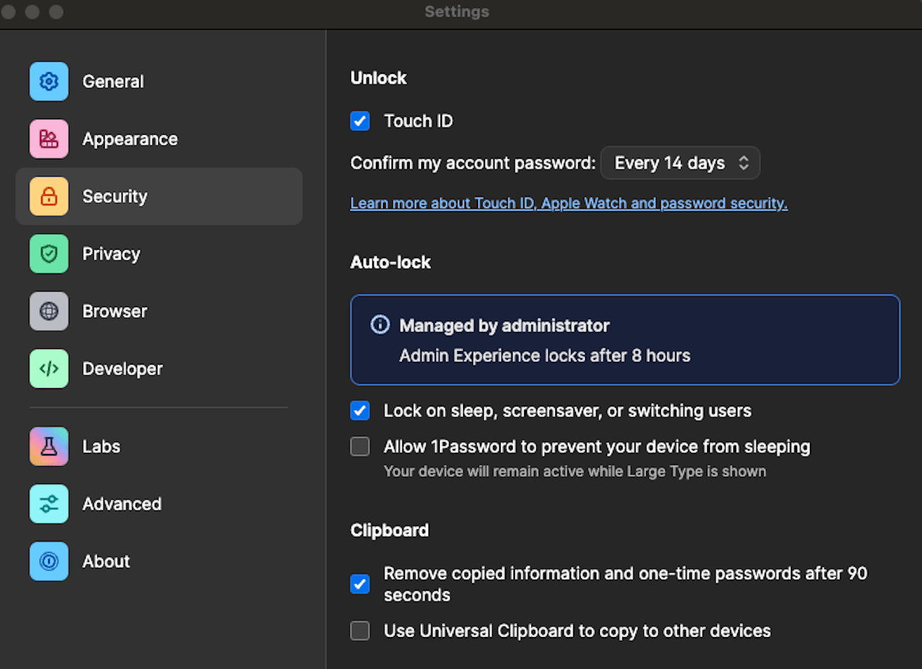 A screenshot of the settings menu in 1Password. Under 'Auto-lock', there's an information box that says this policy is being managed by an administrator.