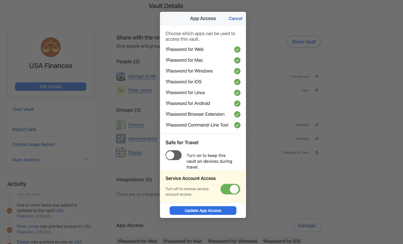 A screenshots of the App Access menu in the 1Password admin dashboard. '1Password Browser Extension' is listed as an available option.