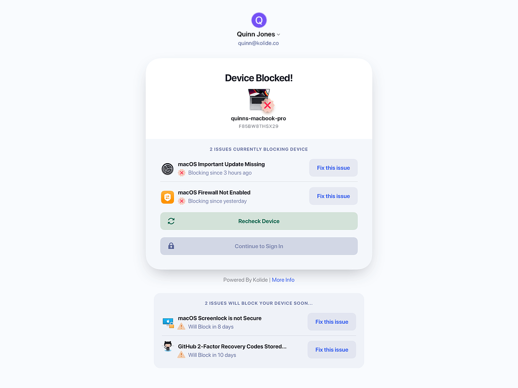 A screenshot showing Kolide's blocking screen for macOS updates and macOS firewall checks failing.