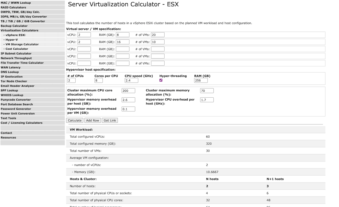 A screenshot from the virtualization calculator.