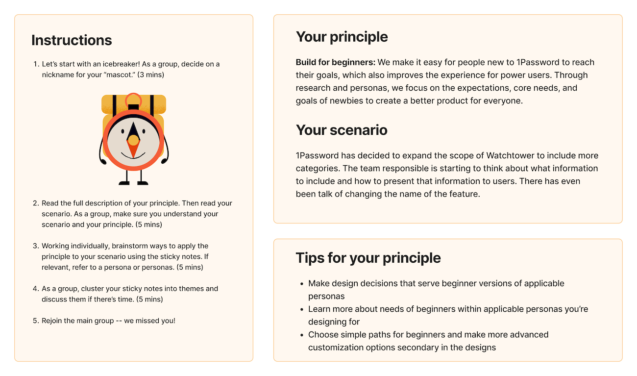 A Figjam board explaining a group exercise around the principle 'Build for Beginners'. Participants are asked to think about a scenario where Watchtower is expanded to include more categories.