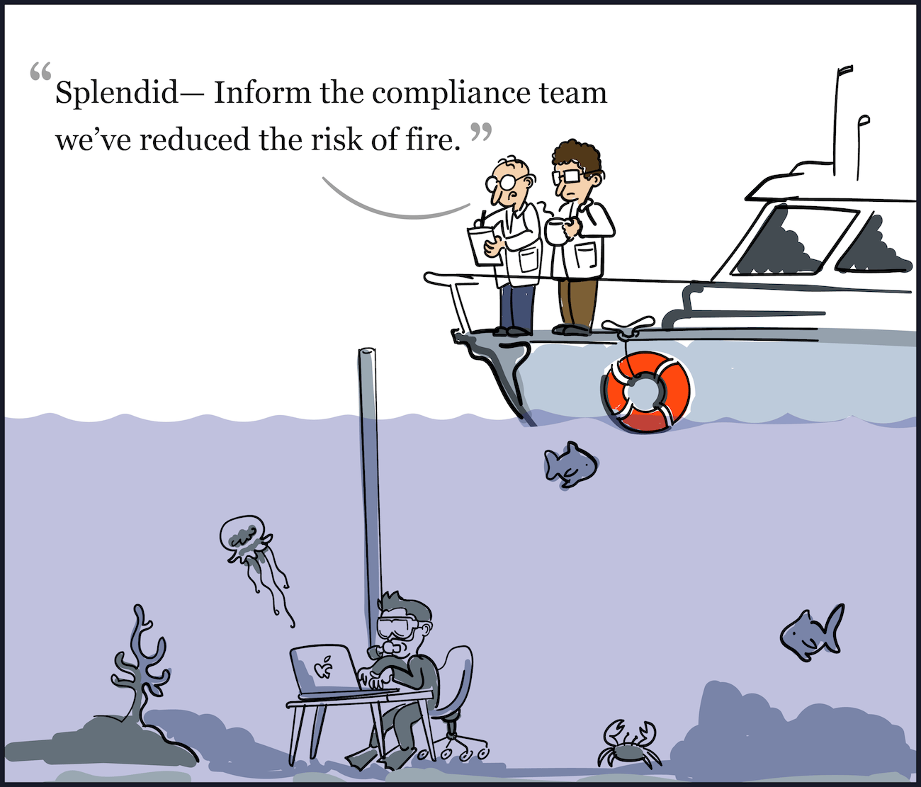 Comic showing two compliance officers on a boat monitoring a worker tapping away on a laptop underwater. One of the officers remarks to the other that they've successfully reduced the risk of fire.