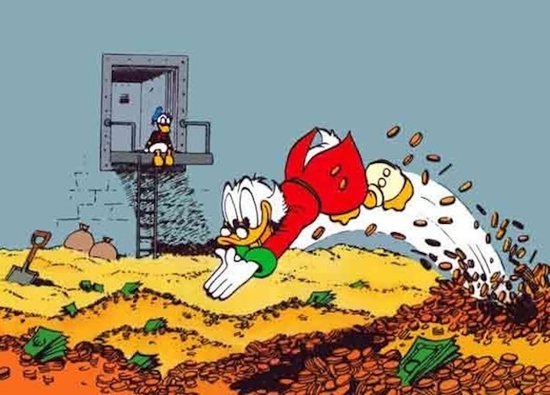 An illustration of Scrooge McDuck swimming in cash and gold coins.
