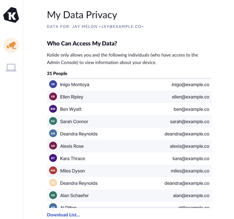 A screenshot of a user’s 'privacy center' on XAM. The page shows a list of users under the question 'Who Can Access My Data?'
