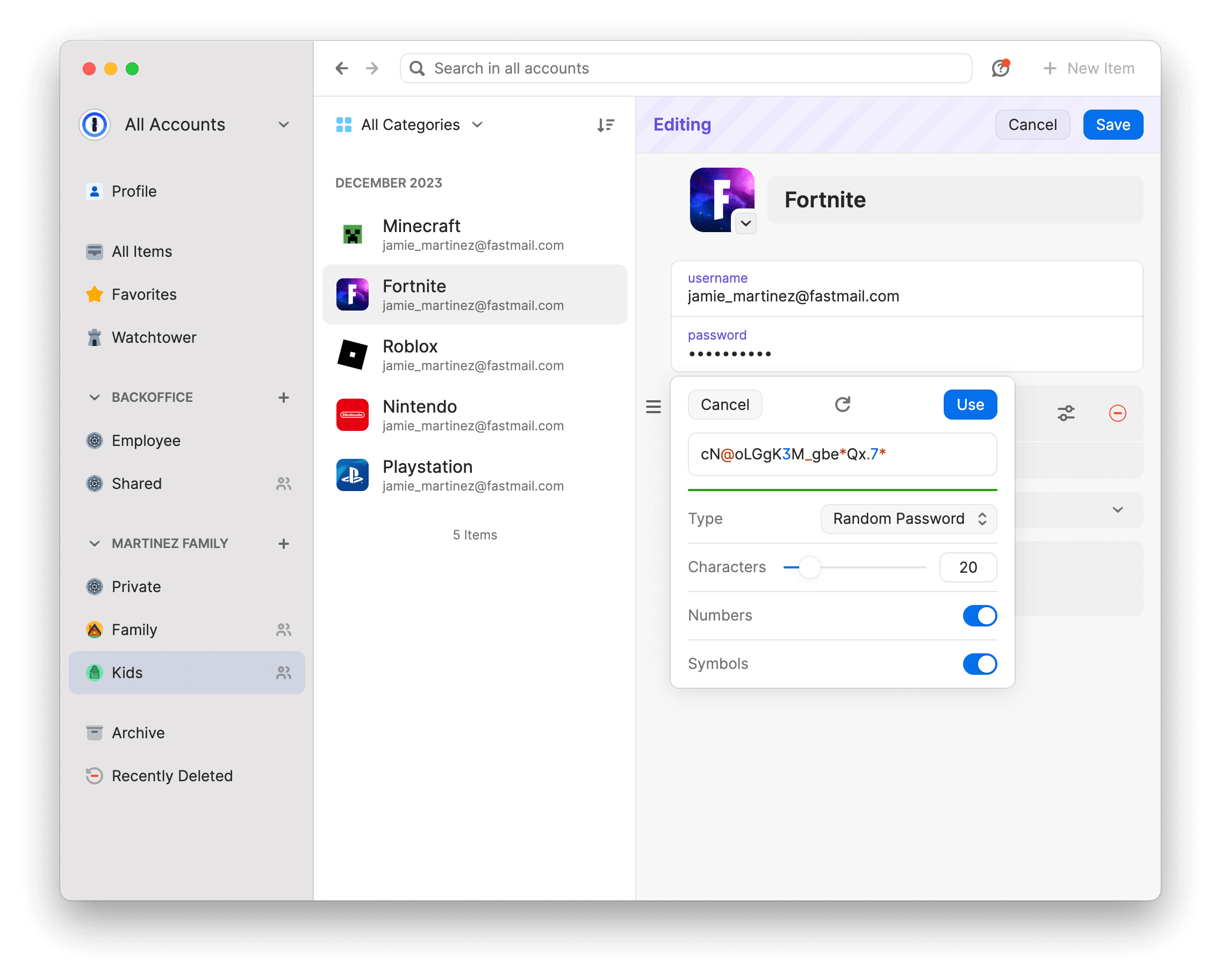 The 1Password app showing the option to generate a strong, unique password.