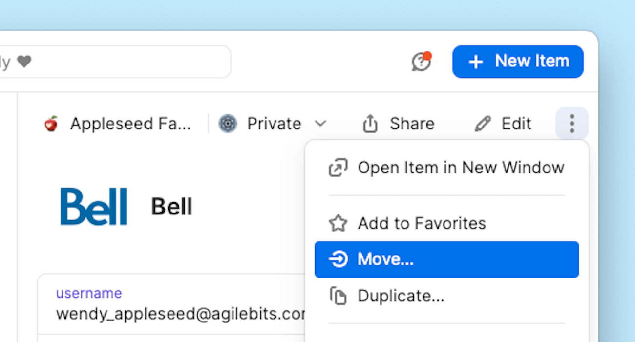 Moving an item into a different vault in 1Password.