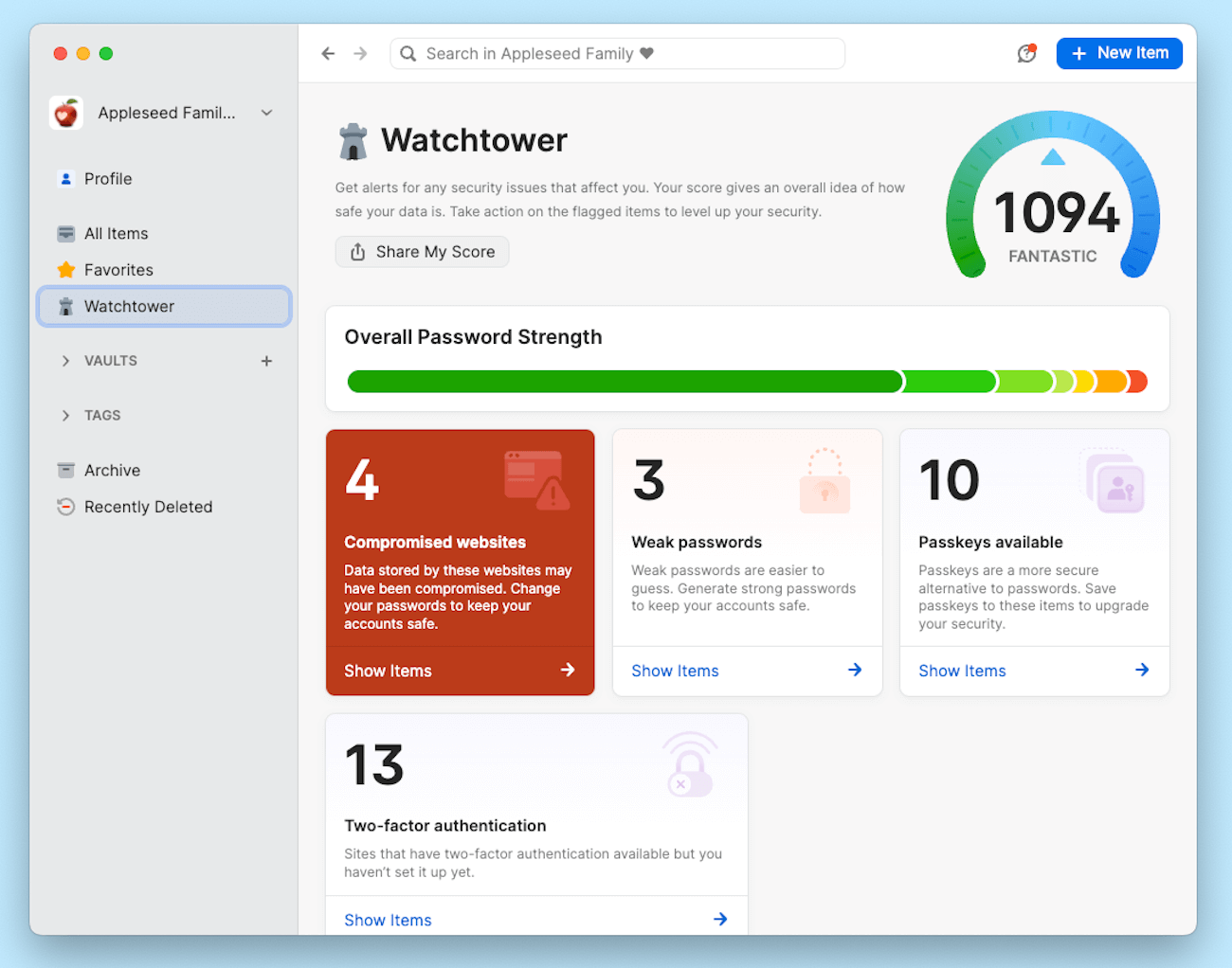 The Watchtower section of 1Password with cards, one of which states that the user has '10 passkeys available.'