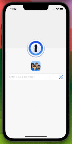 An animated GIF showing the 1Password lock screen and, after a successful Face ID unlock, the door opening effect that leads to the customer's vaults.