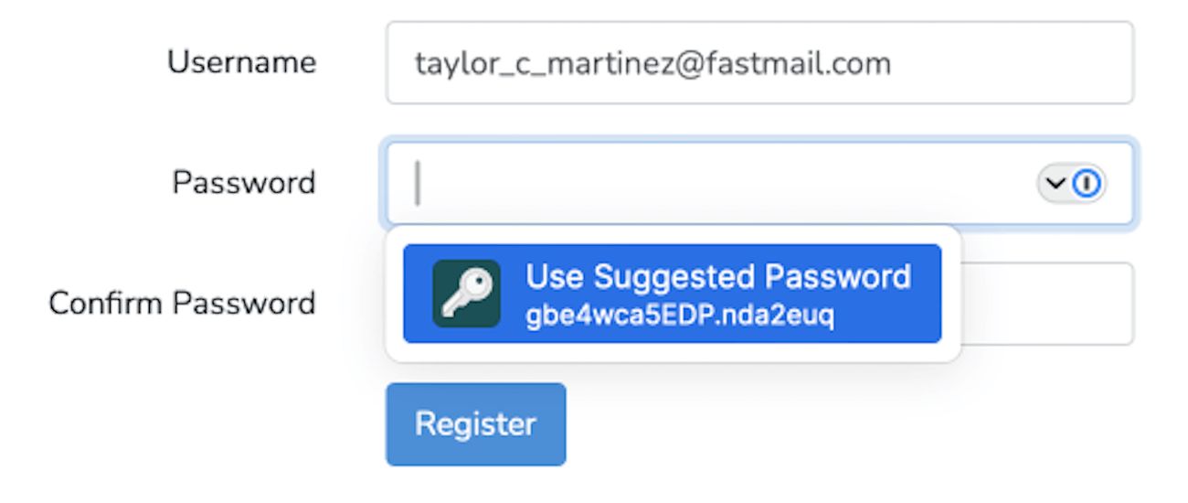 Registration form with fields for username, password, and confirm password. A suggested password from 1Password is displayed in the password field.