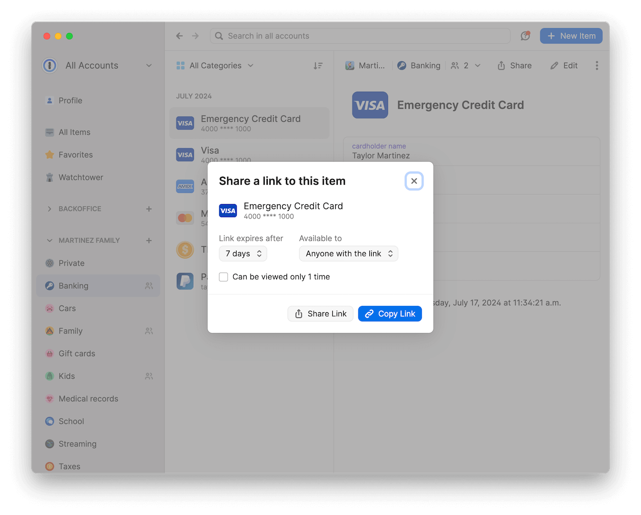 1Password app interface with a pop-up for sharing an Emergency Credit Card link, showing link expiration and access options.