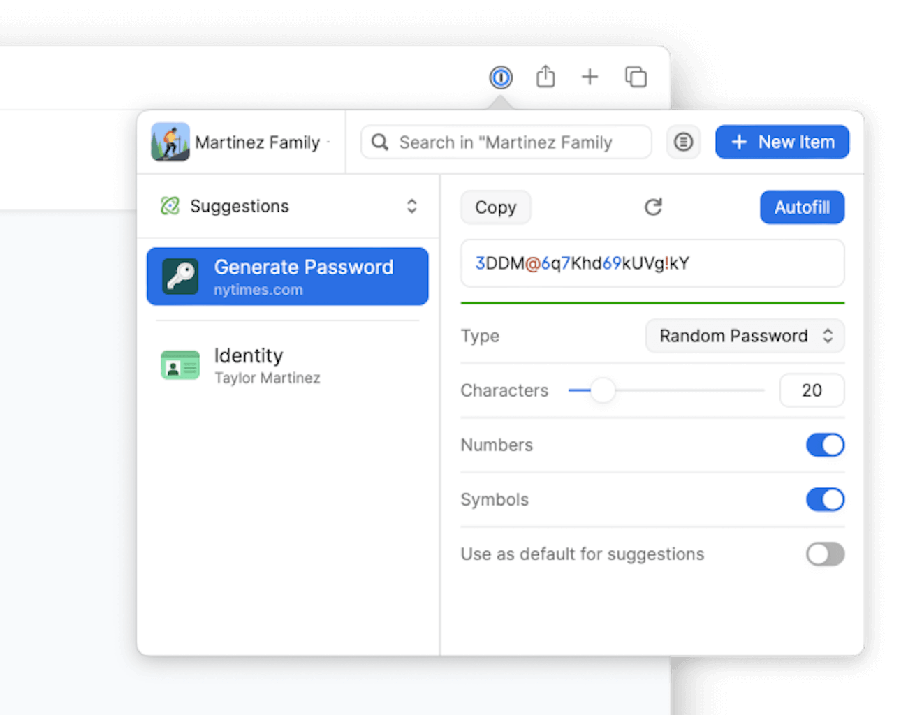 1Password interface showing a generated password, settings for password type, character count, and toggles for numbers and symbols.