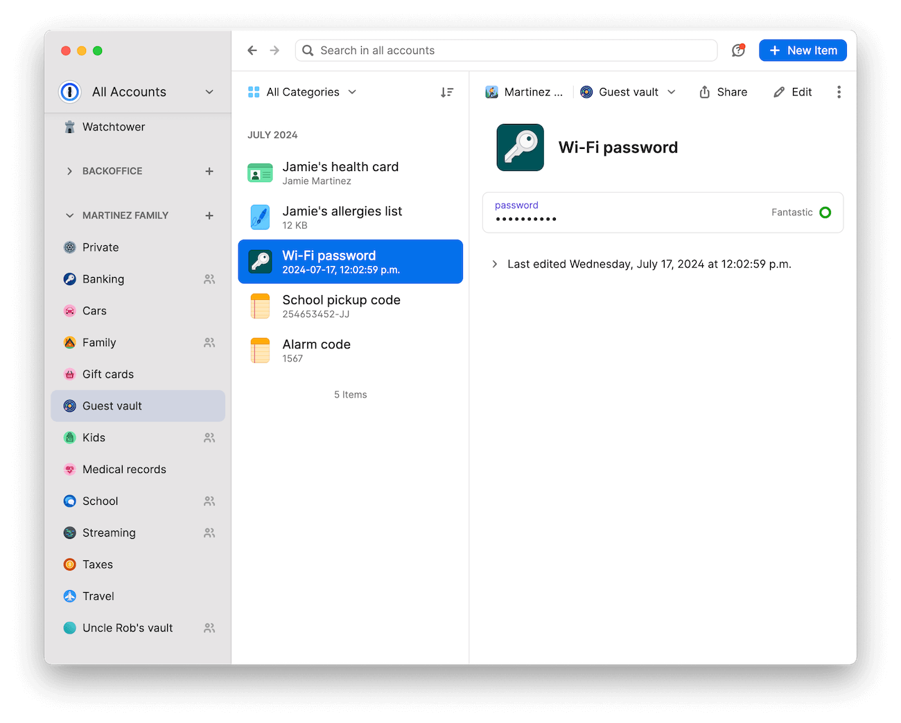 A guest vault in 1Password showing items includimg a wifi password, alarm code, and allergies list.