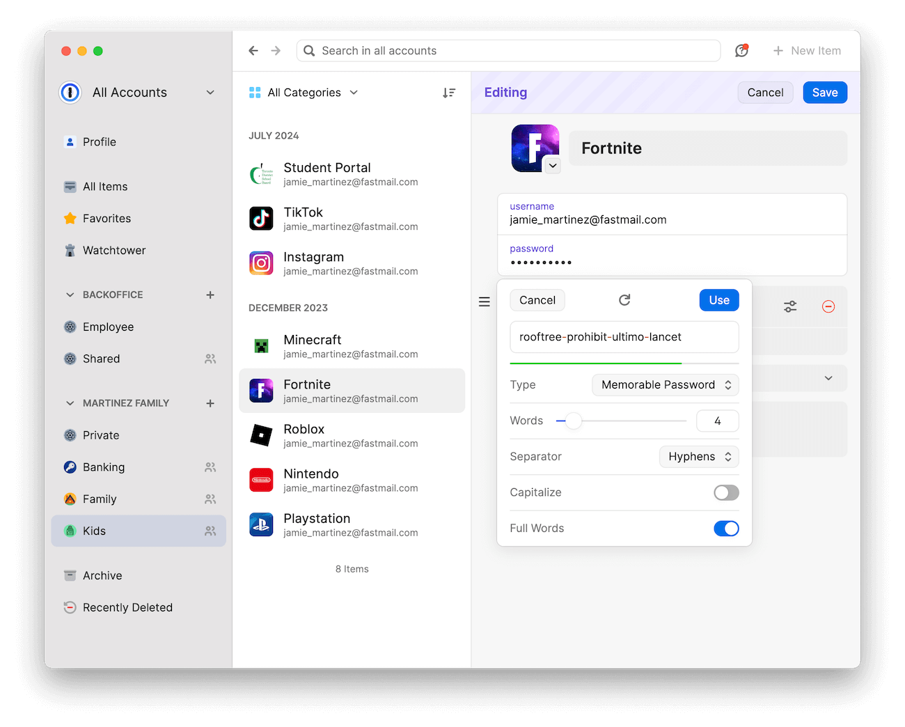 1Password app interface with account categories and an editing section for a Fortnite account showing customization options for a generated memorable password.