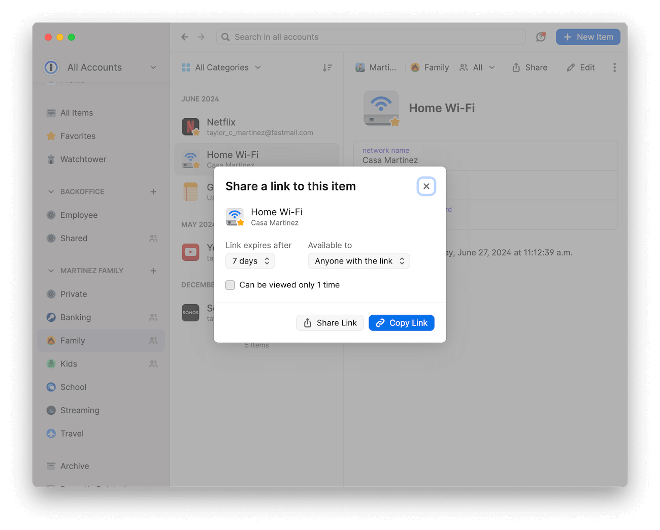 1Password app interface with a pop-up for sharing a Wi-Fi network item named Home Wi-Fi - Casa Martinez.