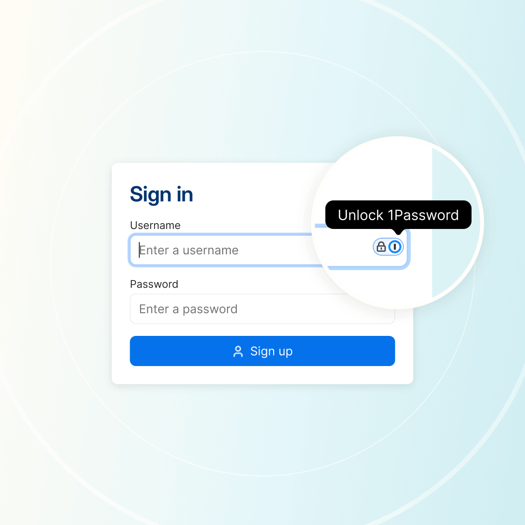 A sign-in screen highlighing the 1Password icon in the username form field.