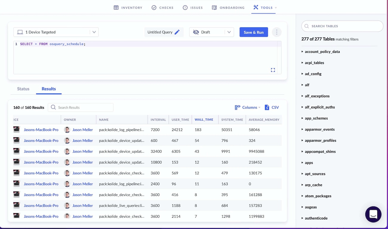 A screenshot showing the XAM osquery schedule.