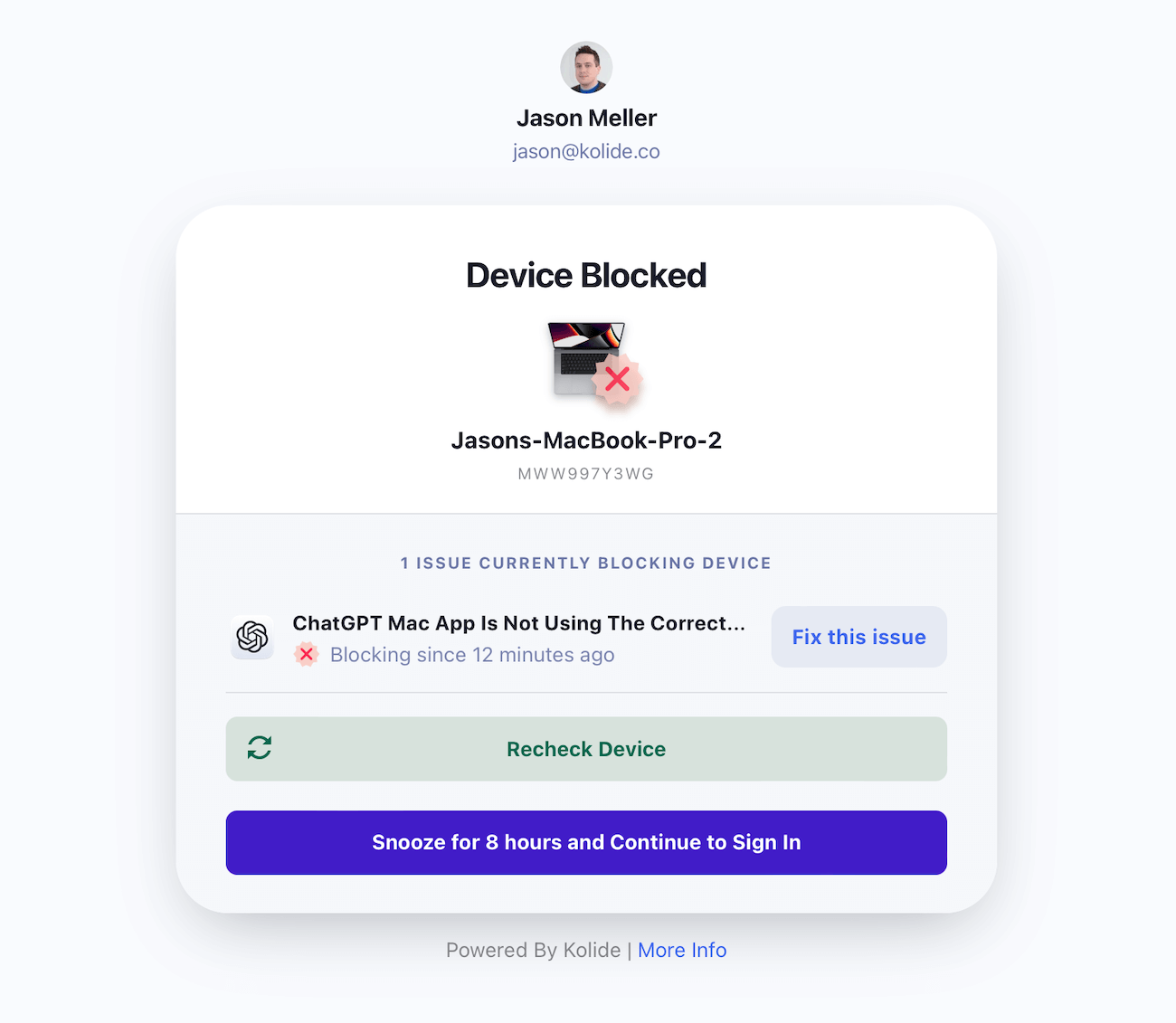  screenshot of Kolide showing that Jason Meller's MacBook Pro has been blocked from using ChatGPT because they're using a personal account.