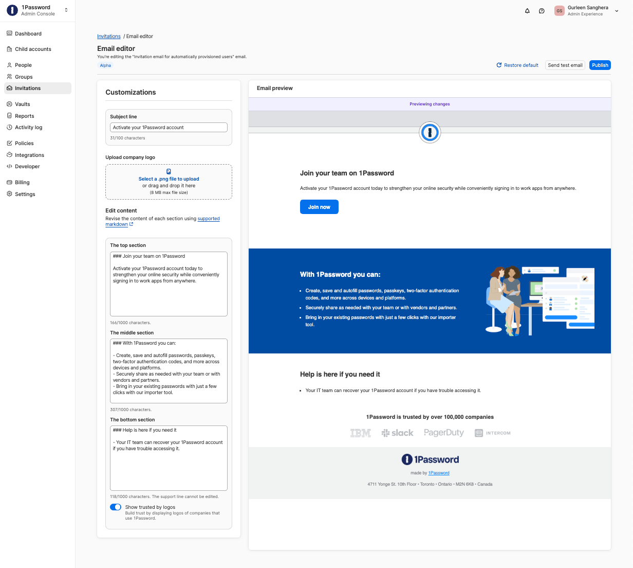 A product screenshot showcasing the ability to customize 1Password onboarding emails to new employees.