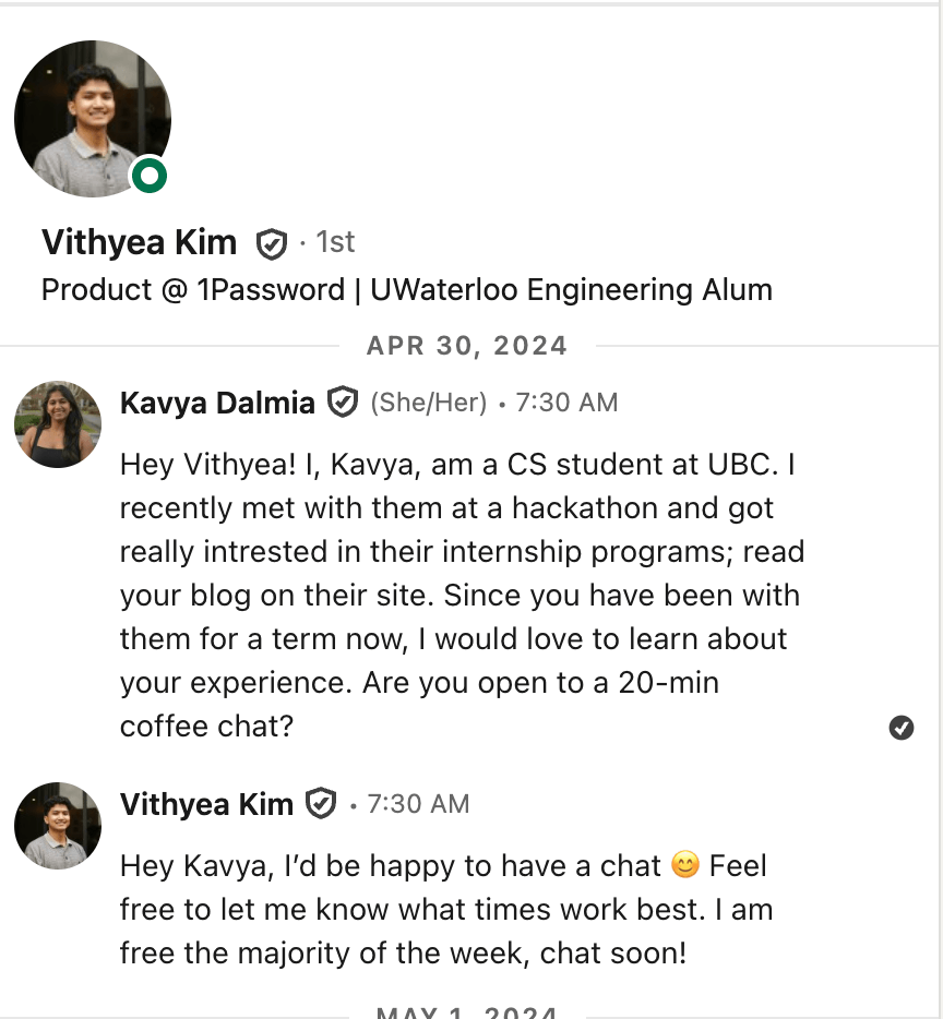 Screenshot of first LinkedIn message.