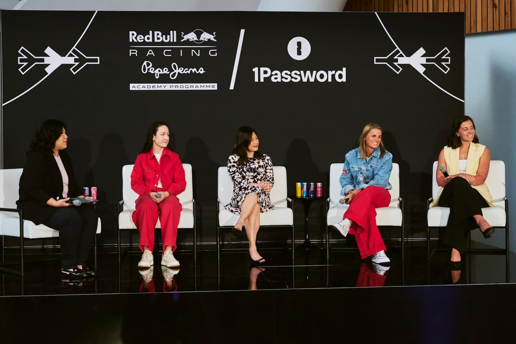 A photo of the full panel at the livery design reveal event. From left to right: Jeannie De Guzman, Alisha Palmowski, Eva Wong, Sarah Harrington, and Anna Pobletts.
