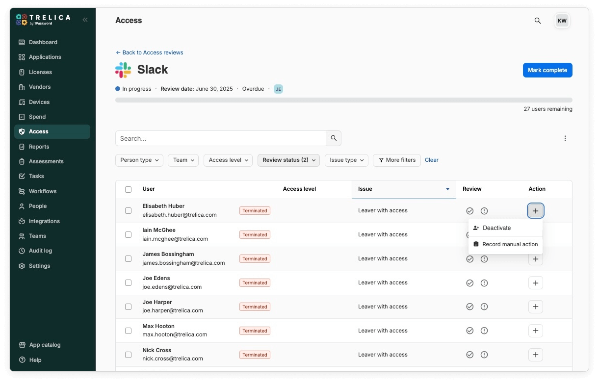 A screenshot of the access review feature in the Trelica by 1Password dashboard. A screenshot of the access review feature in the Trelica by 1Password dashboard.